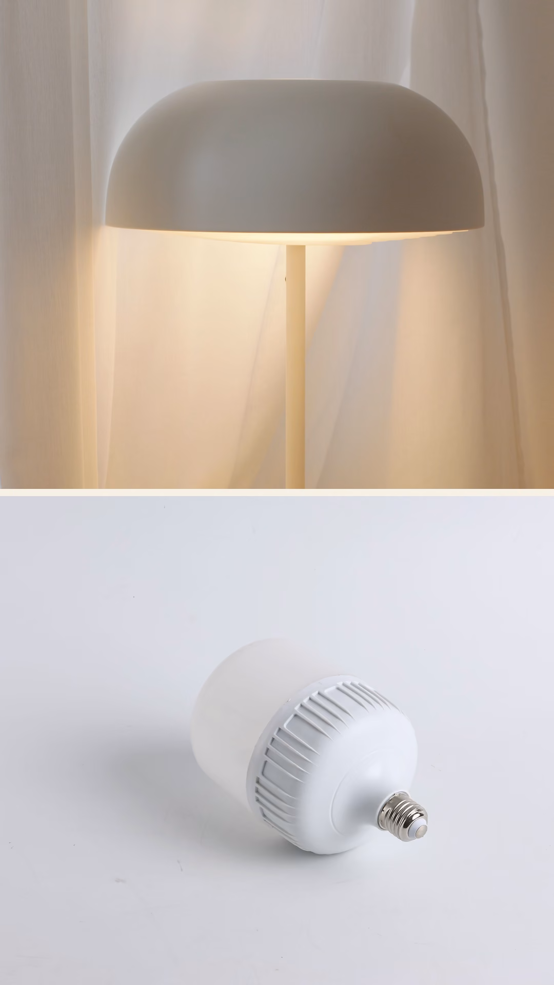 A lamp glowing warm white above a cool-white LED bulb on a white background